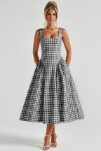 Plaid Printed Ruched Backless Spaghetti Strap Prom Dress