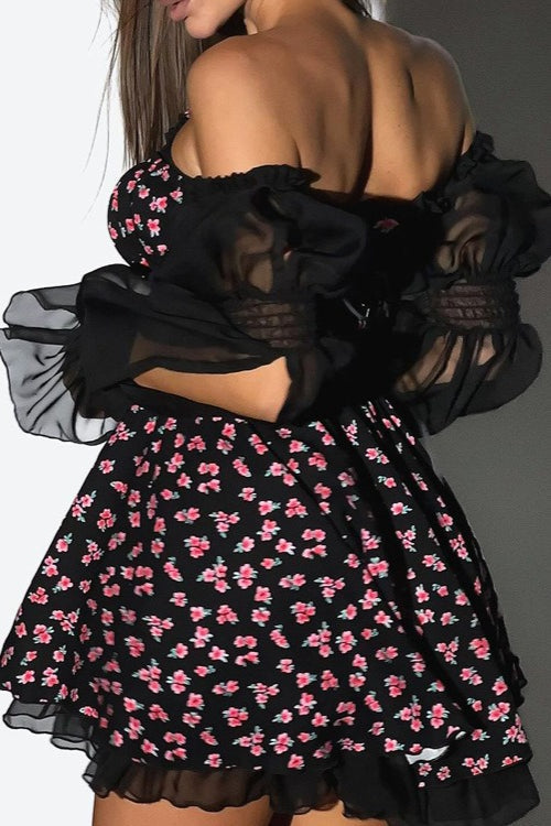 Chiffon Patchwork Strapless A Line Floral Dress