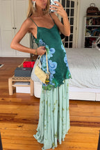 Fresh Bloom Unique Print Satin and Pleated Tulle Hem Slip Maxi Dress