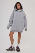 Solid Color Oversize Long - Sleeve Zip - Up Hoodie