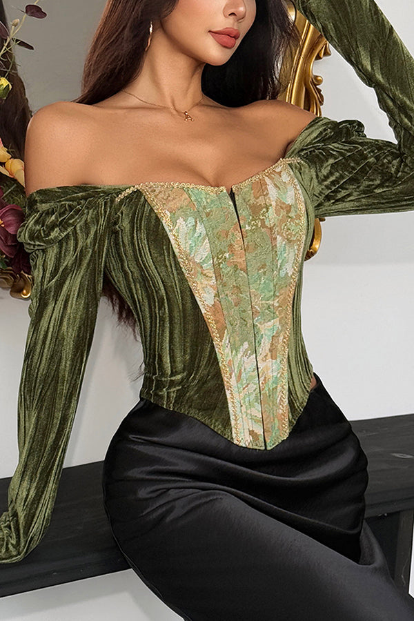 Oil Painting Style Elegant Strapless Slim-fit Fishbone Top
