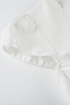 Lace Paneled Ruched Puff Sleeve Tie Blouse