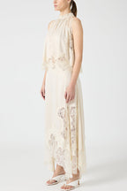 Modern Muse Satin Lace Trim Pleated Neck Top and A-line Irregular Slit Skirt Set