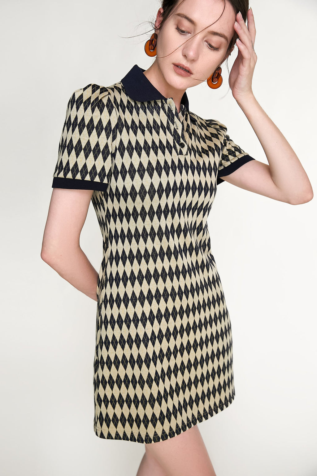 Black Diamond Check Knitted Polo Collar Mini Dress