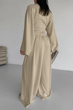 Casual Cinched Waist Flared Sleeve Top Palazzo Pants Set