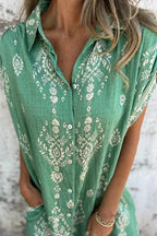 Linen Blend Unique Print Lapel Casual Pocket Mini Dress