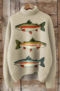 Trout print high-neck loose-fitting sweater