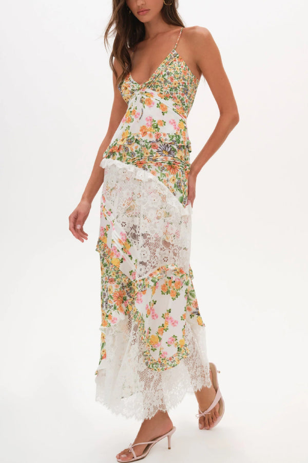 Fashionable Floral Print Lace Patchwork Hollow-out Slim Fit Vacation Ruffle Maxi Dress