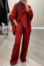 Solid Color Loose-fitting Turtleneck Knit Top and Elastic Waist Casual Pocket Straight Leg Pants
