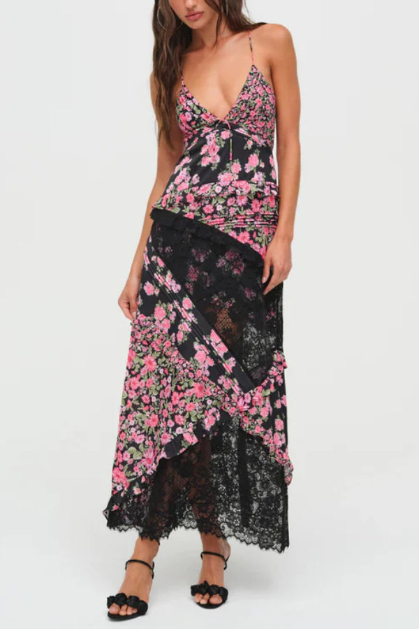 Fashionable Floral Print Lace Patchwork Hollow-out Slim Fit Vacation Ruffle Maxi Dress
