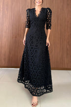 Charlotte Aesthetic Crochet Maxi Dress with Floral Lace and Puff Sleeves, Lined Elevated Occasion Wear