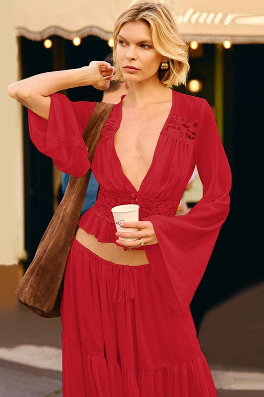 Sexy Lace Chiffon Sheer Tie Skirt Set