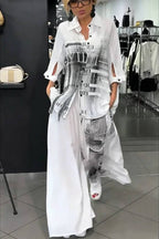 Street Style Graffiti Print Button Half Sleeve Blouse and Elastic Waist Pocket Wide Leg Pants Set