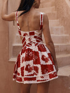 Floral Decorative Unique Print V - Neck Hollow A - Line Mini Dress