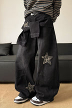 Leopard Print Patchwork Tie Loose Wide Leg Retro Jeans