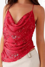 Printed Sequin Back Tie Tank Top