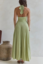 Solid Color Halter Neck Hollowed-out Casual Pleated Holiday Maxi Dress