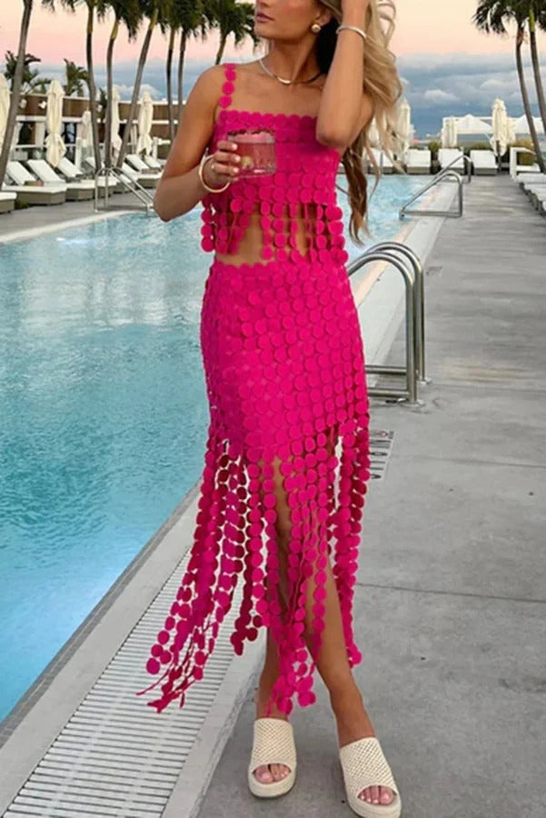 Caitlin See Through Circle Embroidery Square Neck Tassle Hem Slip Tank