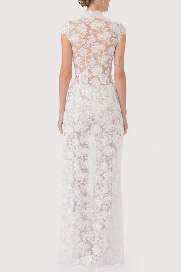 Saphina Floral Lace Mid Rise Side Zipper Flare Maxi Pants