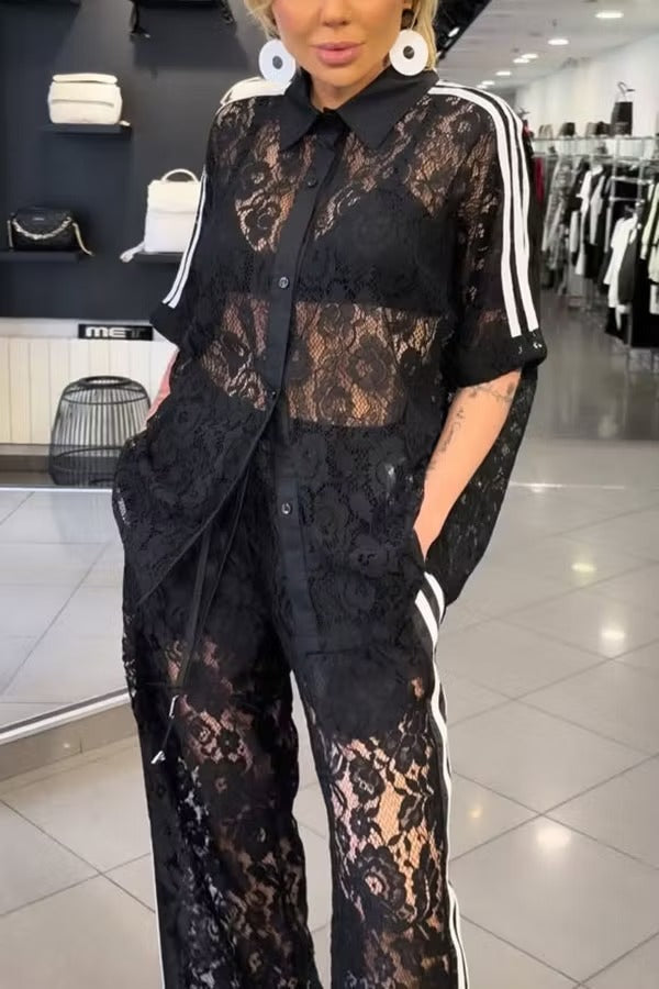 Mix Fashion Lace Striped Trim Short Sleeve Button Shirt and Elastic Waist Pocket Loose Pants Set