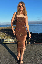 Strapless Printed Slit Double Layer Floral Dress