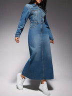 Zola Statement Long Sleeved Denim Maxi Dress Chic Silhouette Collection