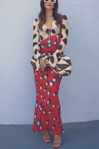 Sabine Animal and Butterfly Print Colorblock Long Sleeve Bias Cut Maxi Dress