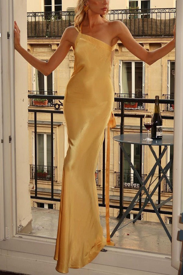 Asymmetrical Shoulder Slim Satin Party Dress