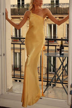 Asymmetrical Shoulder Slim Satin Party Dress