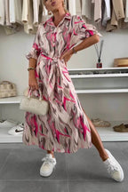 Elegant Ease Satin Printed Tie-Waist Midi Dress