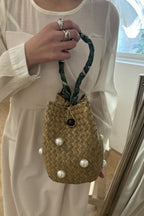 Fashionable Straw Pearl Embellished Bucket Bag