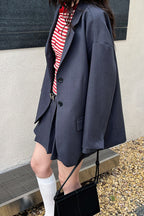 Contrast Sleeve Blazer Pleated Midi Skirt Set
