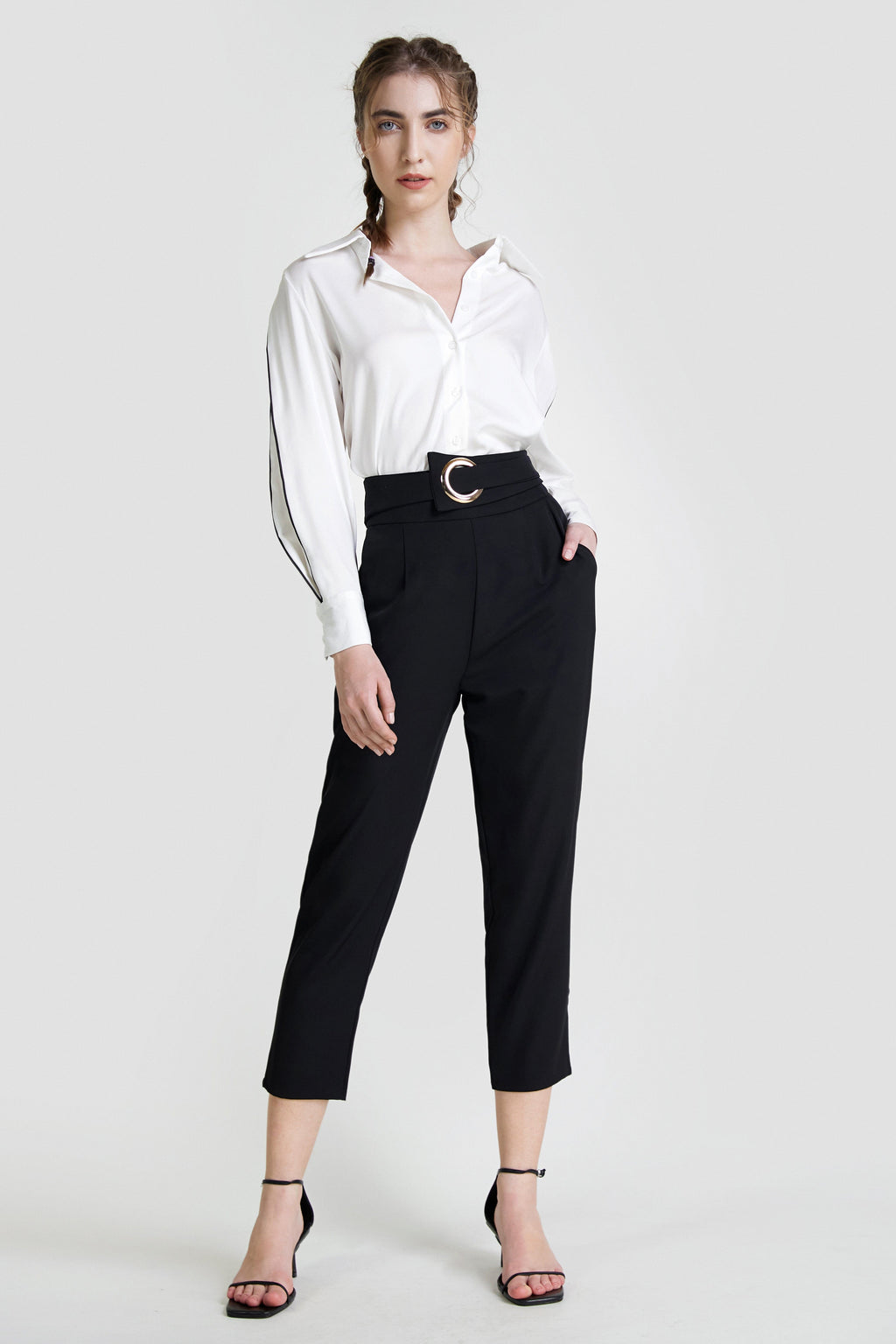 Black Ring Detail Straight Leg Suit Pants