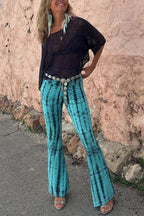 Fashionable tie dye printed pleated lace up waist elastic street bell bottom pants