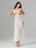 3D Flower Decor Backless Deep V Slit See-Through Beach Floral Dress