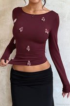 3D Rhinestone Fitted Long Sleeve Tee