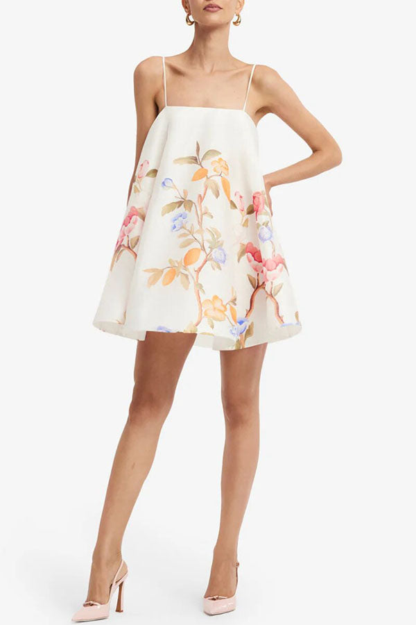 Blossoms Climb Lemon Vine Print Adjustable Straps A-line Mini Dress