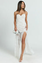 Sheer Ruched Split Cami Maxi Lace Dress