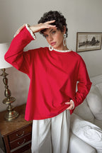 Ruffled Trim Paneled Loose Round Neck Long Sleeve Tee