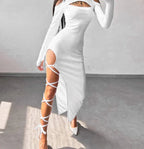 Hollow Lace Up Slit Sleeve Midi Dress