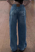 Vintage Rhinestone Letter Print Wide Leg Jeans