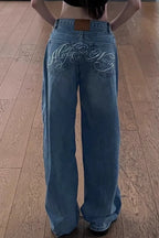 Vintage Rhinestone Letter Print Wide Leg Jeans