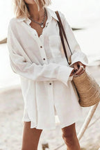Go To The Beach Linen Blend Pocketed Long Sleeve Oversized Shirt