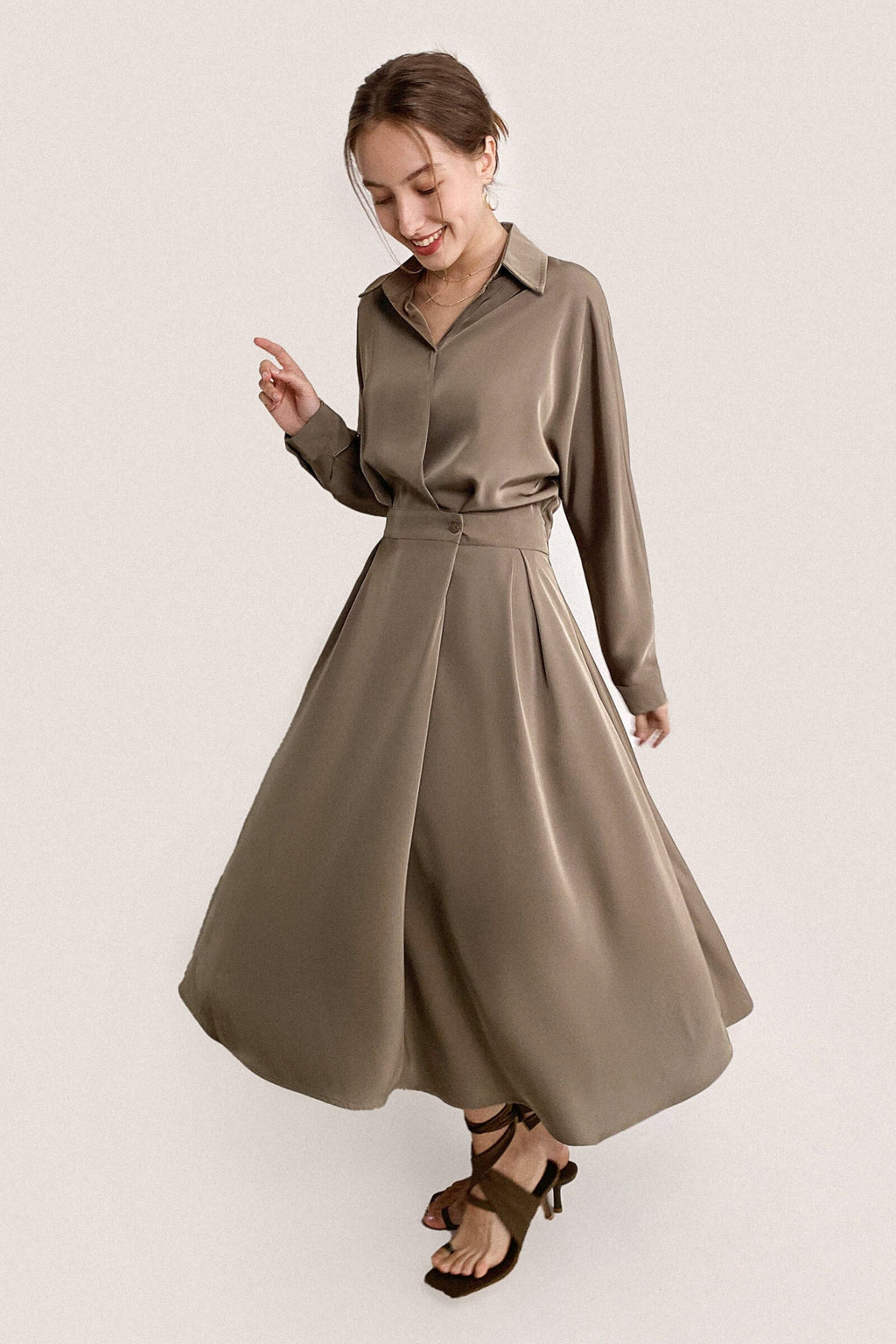 Brown Surplice Pleat Detail A-Line Maxi Shirt Dress