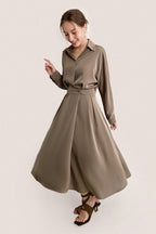 Brown Surplice Pleat Detail A-Line Maxi Shirt Dress