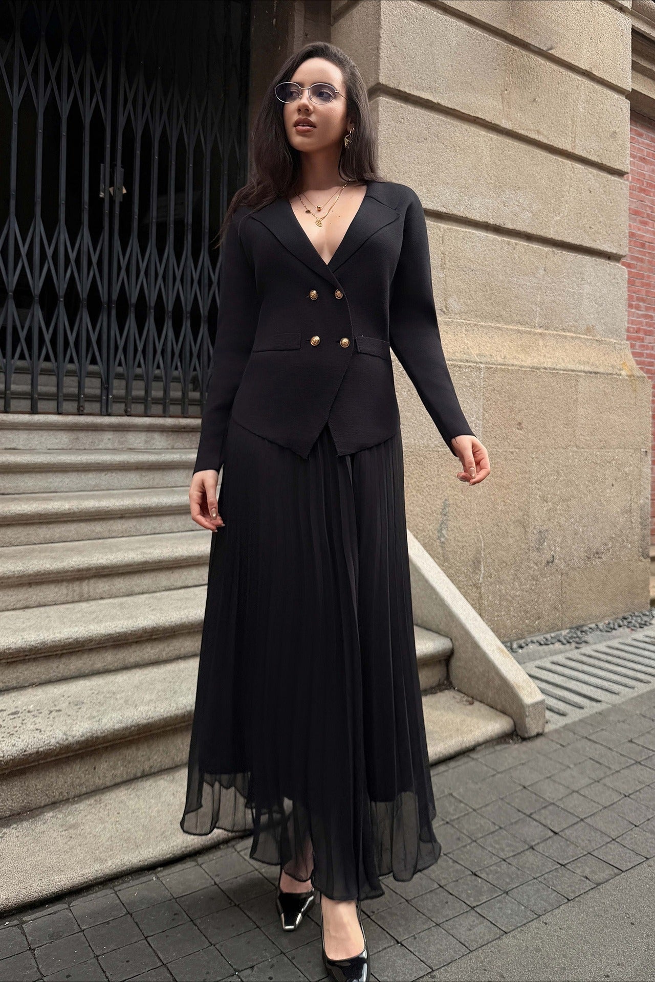 V Neck Double Breasted Knit Blazer Pleated Skirt Set
