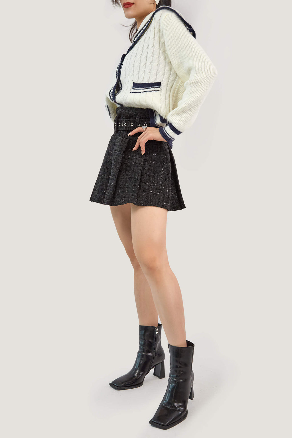 Ivory Sailor Collar Striped Trim Ribbed  Cardigan