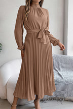 Elegant Stand-collar Long-sleeve Waisted Tie-up Pleated Midi Dress
