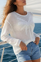 Coconut Tree Jacquard Loose Round Neck Long-sleeved Casual Knitted Cover-up
