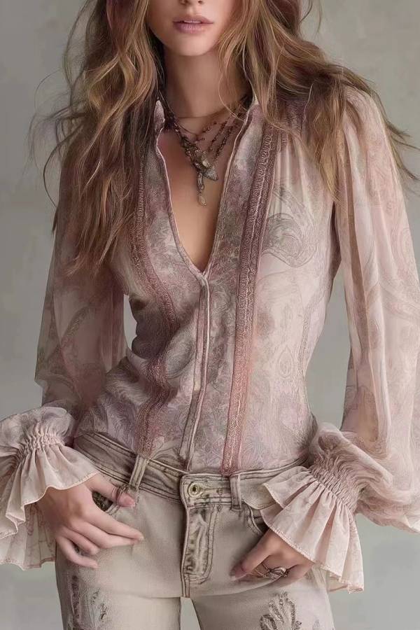 Vintage Paisley Print Chiffon Lace Trim V-Neck Flare Sleeve Blouse
